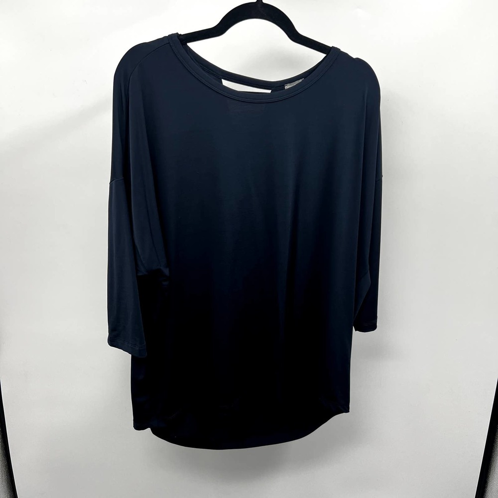 Chico's Travelers Blouse Top 2/L Dolman Sleeve Keyhole Draped Back Navy Blue